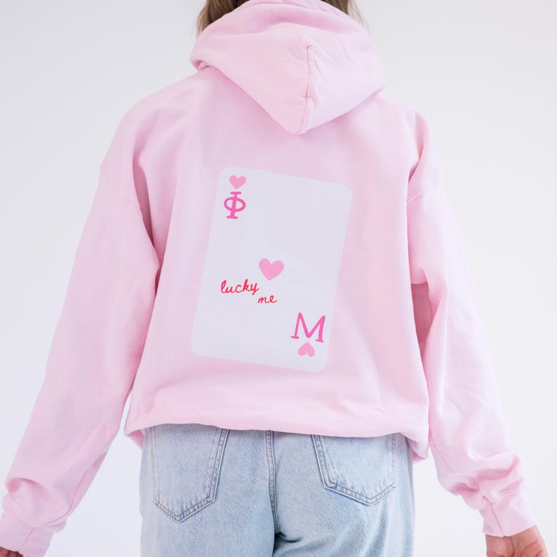 Lucky Me Queen of Hearts Sorority Greek Letter Printed Gildan Hoodie Sweatshirt / Big Little Family Letter Hoodie Sweatshirts / College Gift