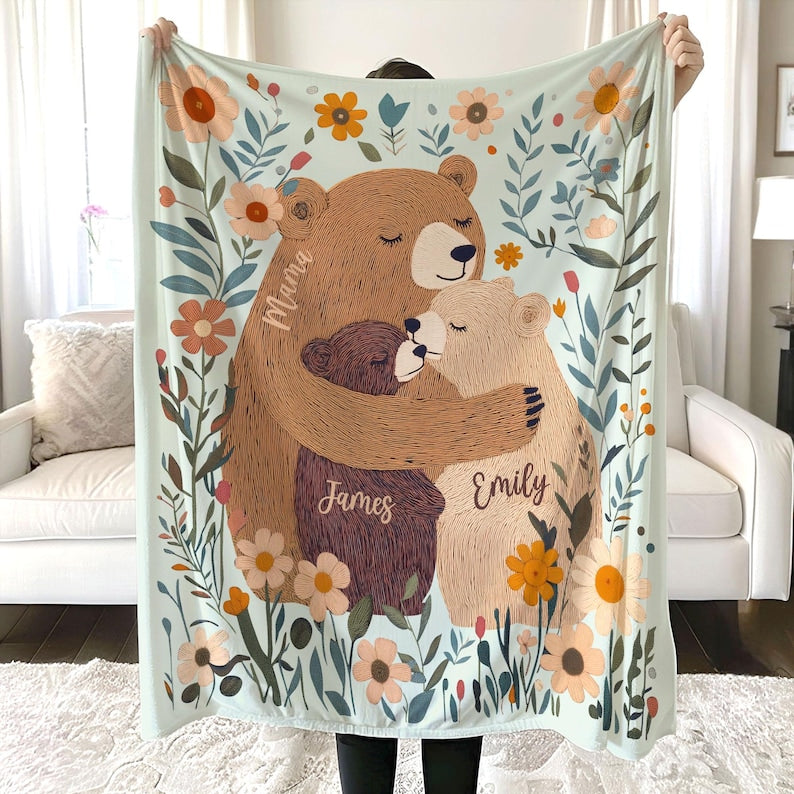 Personalized Mama Bear Flower Blanket, Custom Mother's Day Gift for Mom Grandma, Boho Wildflowers Mom Bear Quilt, Cottagecore Flower Gift
