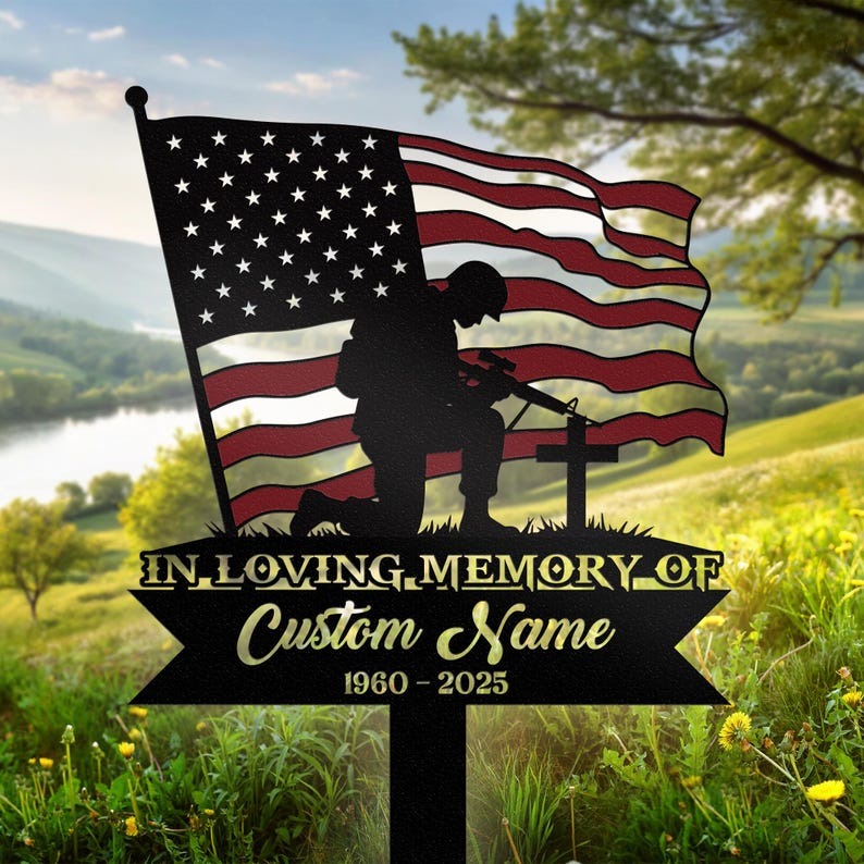 Personalized Kneeling Soldier Memorial Metal Stake, Army Memorial, Memorial Veteran, Sympathy Gift, Military Funeral Sign,Grave Marker Stake