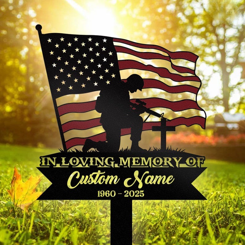 Personalized Kneeling Soldier Memorial Metal Stake, Army Memorial, Memorial Veteran, Sympathy Gift, Military Funeral Sign,Grave Marker Stake