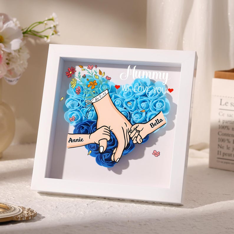 Personalised Rose Heart Shadow Box, Hand Holding Frame with Kids Names, Mothers Day Gift for Mummy,Nan,Nanna,Granny