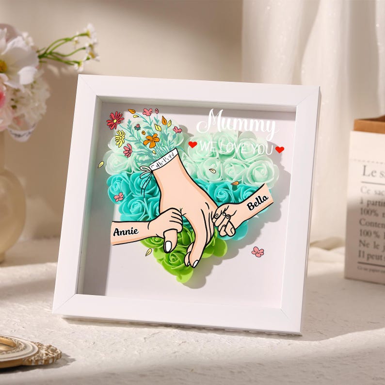 Personalised Rose Heart Shadow Box, Hand Holding Frame with Kids Names, Mothers Day Gift for Mummy,Nan,Nanna,Granny