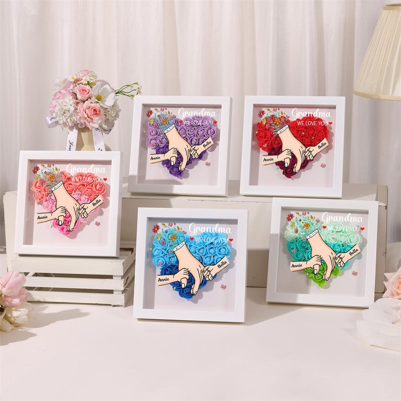 Personalised Rose Heart Shadow Box, Hand Holding Frame with Kids Names, Mothers Day Gift for Mummy,Nan,Nanna,Granny