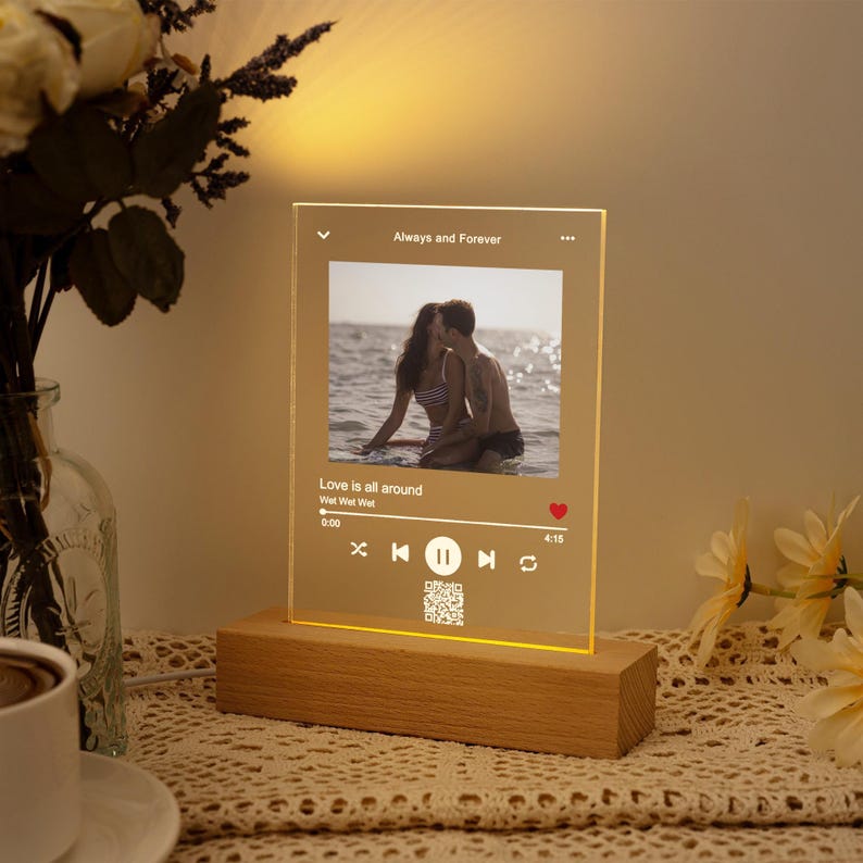 Custom Music Photo Night Light Plaque, Photo Music Plaque, Song Acrylic Plaque, Birthday Gifts, Bedroom Decor, LED Nightlight, Gift for Her