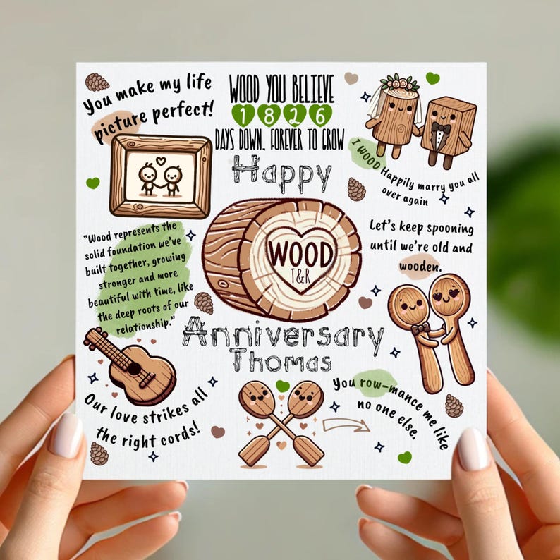 Personalised 5th Wood Anniversary Card- Funny Wood Wedding Gift for Husband or Wife- Cute Punny Design