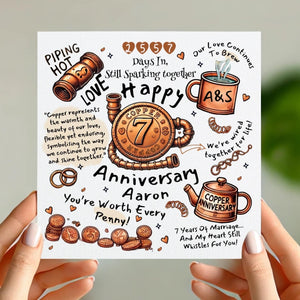 Funny 7th Copper Anniversary Card Personalised Gift for Husband or Wife Cute & Punny Design