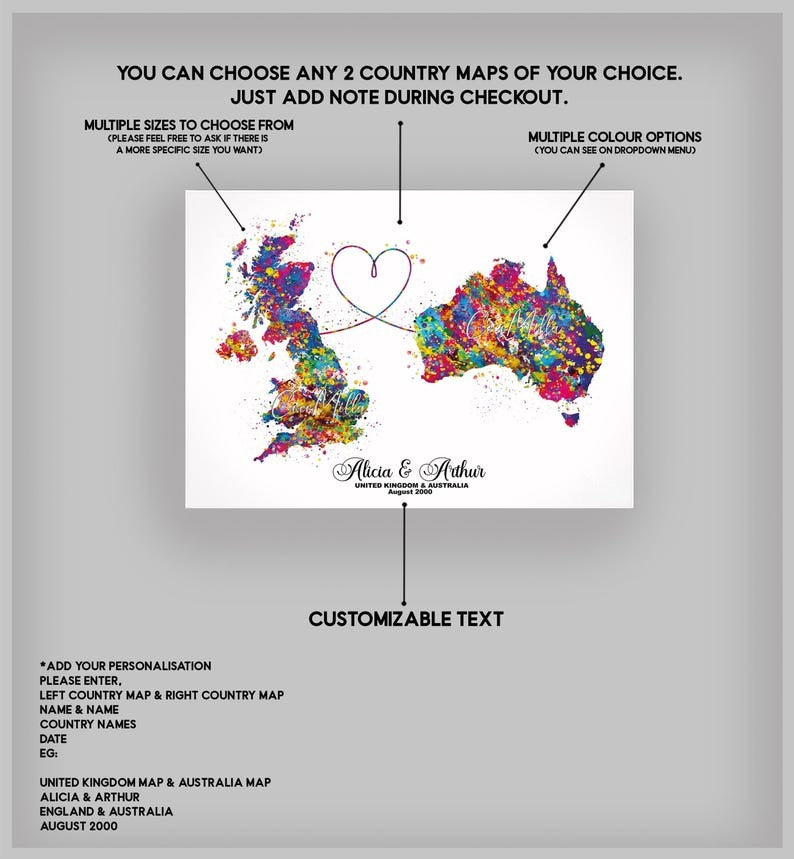 Personalised Map Print Watercolor Print Any Two Maps Moving Abroad Present Distance Gifts Country to Country Customized Wall Art
