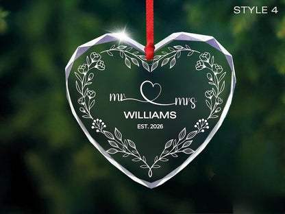 Personalized Heart Glass Ornament Wedding Anniversary Gift for Couple or Work Milestone Keepsake Custom Names and Date Floral Crystal