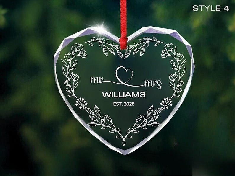 Personalized Heart Glass Ornament Wedding Anniversary Gift for Couple or Work Milestone Keepsake Custom Names and Date Floral Crystal