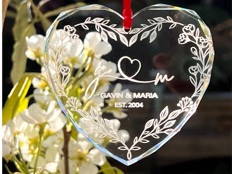 Personalized Heart Glass Ornament Wedding Anniversary Gift for Couple or Work Milestone Keepsake Custom Names and Date Floral Crystal
