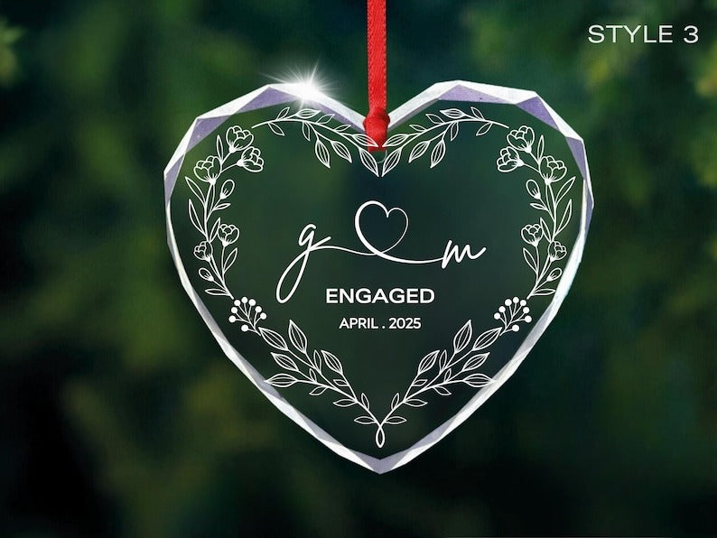 Personalized Heart Glass Ornament Wedding Anniversary Gift for Couple or Work Milestone Keepsake Custom Names and Date Floral Crystal