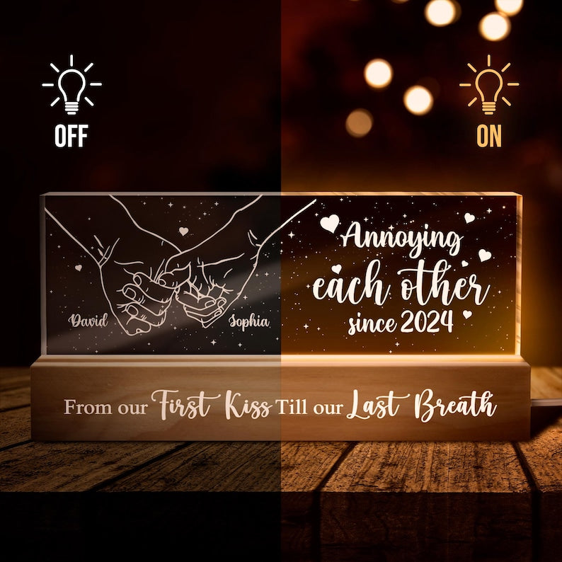 Custom LED Acrylic Couple Night Light, Personalized Names and Date, Romantic Gift for Anniversaries, Engraved Wooden Base Night Lamp