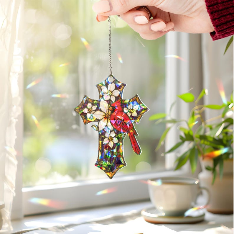 Cardinal Memorial Cross Suncatcher: Holographic Acrylic Remembrance Gift