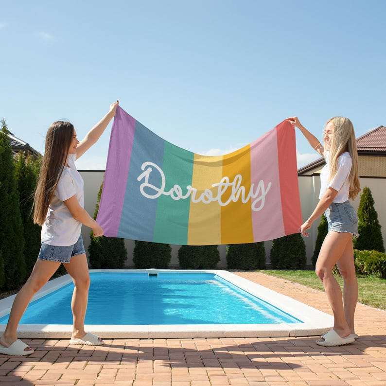 Rainbow Beach Towel, Custom Multicolor Beach Towel With Name, Name Pool Towel For Kids/Adult, Groovy Retro Style Vacation Towel Gift