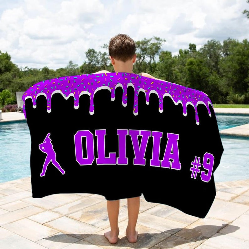 Personalized Ice Cream Drip Baseball Beach Towel For Boys, Drip Beach Towel, Pool Towel, Baseball Softball Team Gift, Youth Baseball Gift