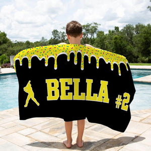 Personalized Ice Cream Drip Baseball Beach Towel For Boys, Drip Beach Towel, Pool Towel, Baseball Softball Team Gift, Youth Baseball Gift