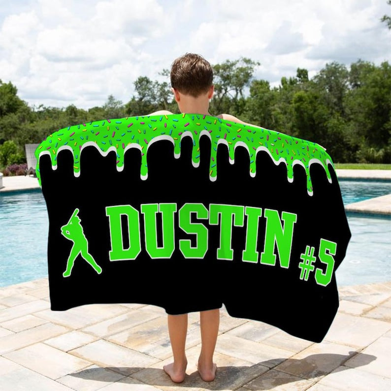Personalized Ice Cream Drip Baseball Beach Towel For Boys, Drip Beach Towel, Pool Towel, Baseball Softball Team Gift, Youth Baseball Gift