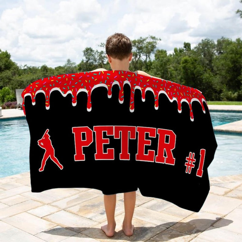 Personalized Ice Cream Drip Baseball Beach Towel For Boys, Drip Beach Towel, Pool Towel, Baseball Softball Team Gift, Youth Baseball Gift
