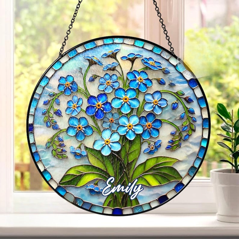 Personalized Forget Me Not Botanical Stained Glass Suncatcher, Memorial Sympathy Window Hanging Decor, Mothers Day Present For Mom, Grandma