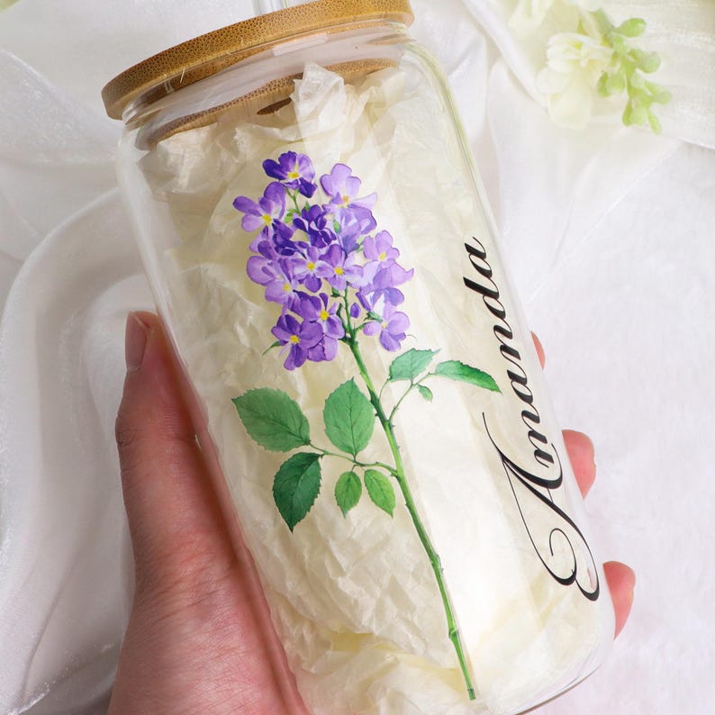 Personalized Birth Flower Tumblers | Gifts for Her | Custom Glass Coffee Cup | Unique Customizable Gifts for Any Occasion