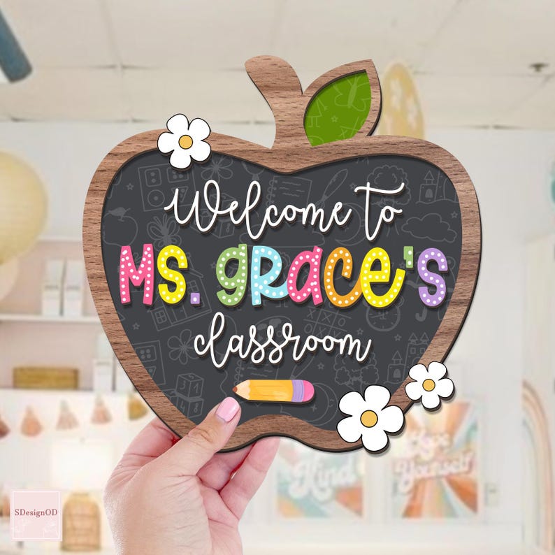 Personalized Teacher Door Sign, 3D Teacher Door Hanger, Teacher Apple Door Sign, Teacher Appreciation Gift, Floral Wooden Sign, Teacher Gift
