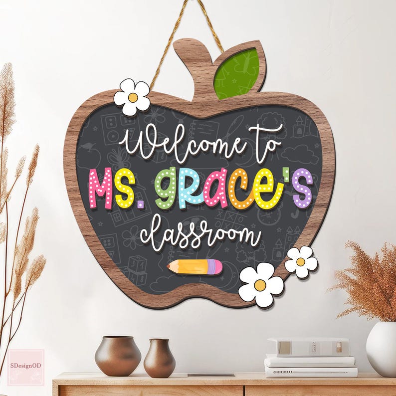 Personalized Teacher Door Sign, 3D Teacher Door Hanger, Teacher Apple Door Sign, Teacher Appreciation Gift, Floral Wooden Sign, Teacher Gift
