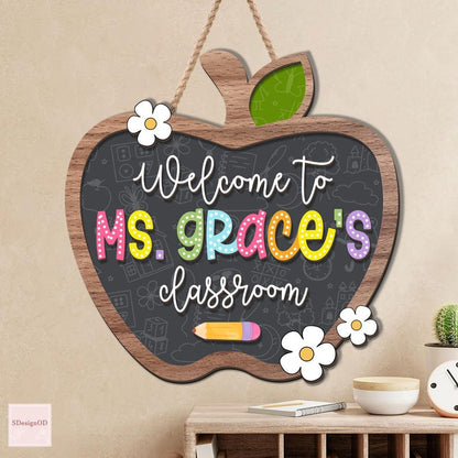 Personalized Teacher Door Sign, 3D Teacher Door Hanger, Teacher Apple Door Sign, Teacher Appreciation Gift, Floral Wooden Sign, Teacher Gift