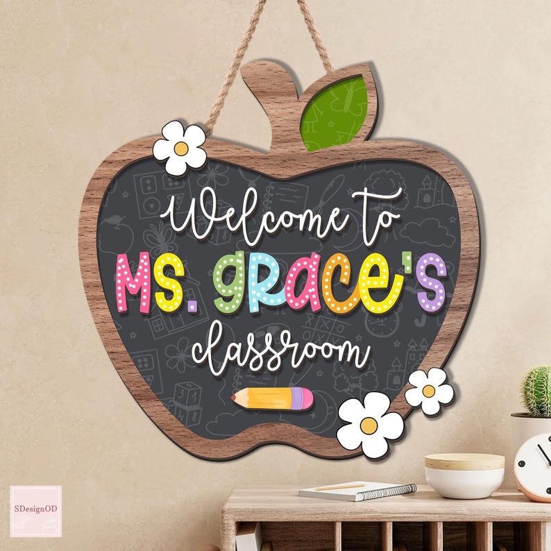 Personalized Teacher Door Sign, 3D Teacher Door Hanger, Teacher Apple Door Sign, Teacher Appreciation Gift, Floral Wooden Sign, Teacher Gift
