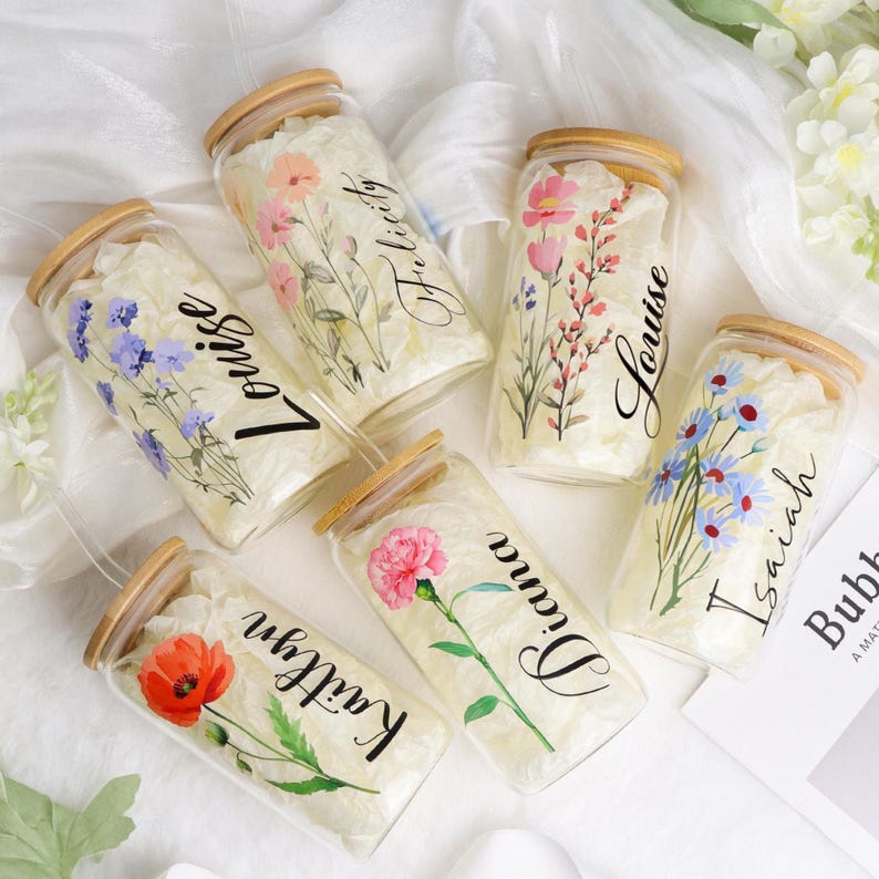 Personalized Birth Flower Tumblers | Gifts for Her | Custom Glass Coffee Cup | Unique Customizable Gifts for Any Occasion