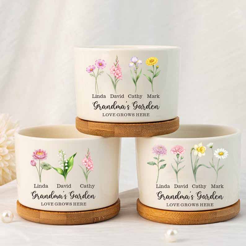 Mothers Day Plant Pot, Personalised Birth Flower Mini Pot, Grandma's Garden Pot for Mom Nanny, Perfect Gift for Her, Family Flower Plant Pot