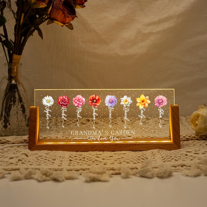 Custom Grandma's Garden Birth Month Flowers Night Light, Acrylic LED Light, Mother Lamp, Grandma Gift from Grandkids, Mother's Day Gift