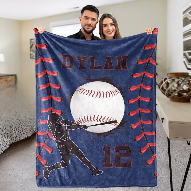 Baseball Pattern Stripe Custom Name Blanket, Personalized Sports Blanket Throw with Name and Number, Gift for Son, Daughter, Grandkids