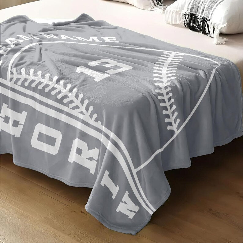 Baseball Pattern Stripe Custom Name Blanket, Personalized Sports Blanket Throw with Name and Number, Gift for Son, Daughter, Grandkids