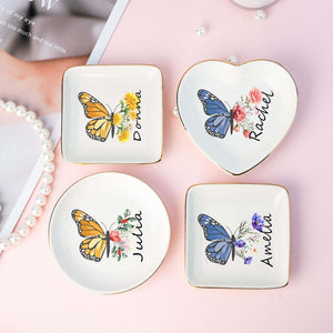 Custom Name Jewelry Dish,Personalised Butterfly Trinket Dish with Flower,Birdesmaid Gift,Birth Flower Ring Dish,Birthday Gift for Mom,Her