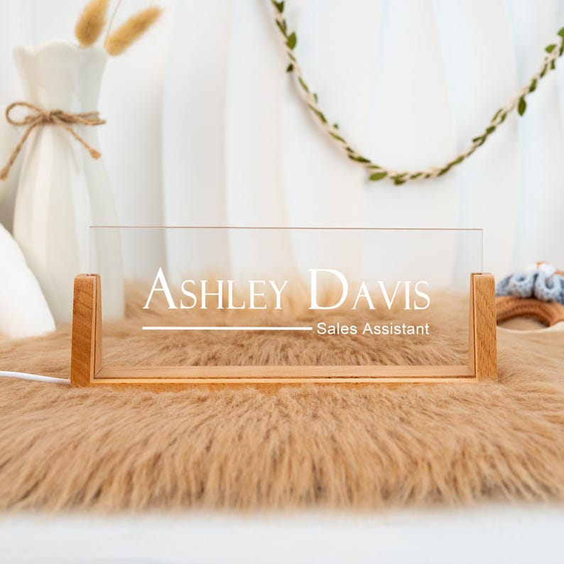 Personalized Lighted Desk Name Plate: Wooden Base, Floral Design