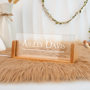 Personalized Lighted Desk Name Plate: Wooden Base, Floral Design