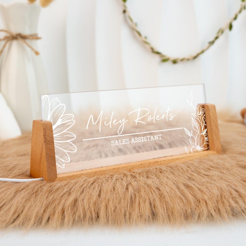 Personalized Lighted Desk Name Plate: Wooden Base, Floral Design