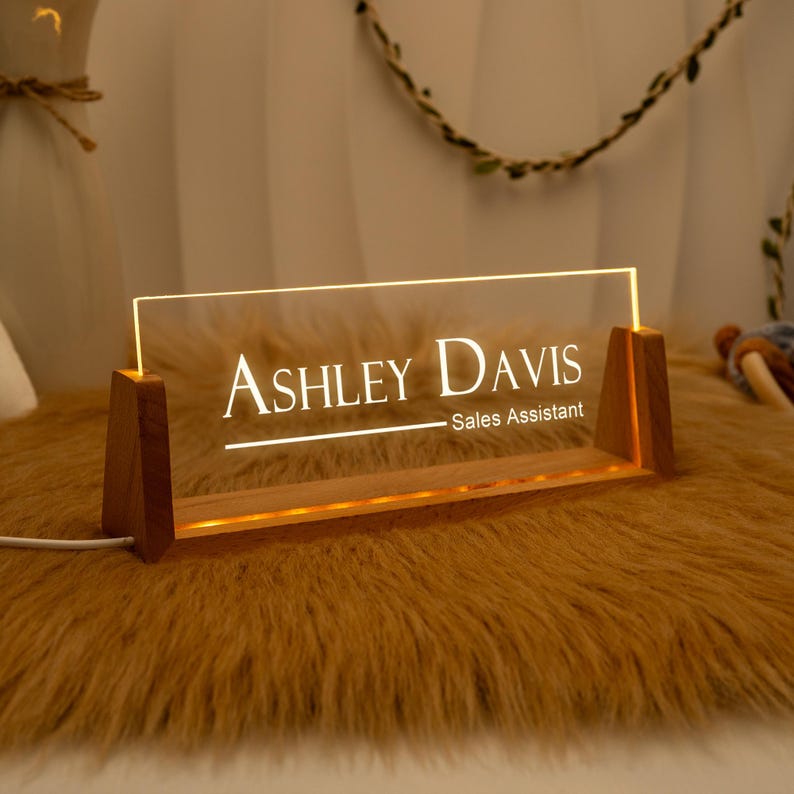 Personalized Lighted Desk Name Plate: Wooden Base, Floral Design