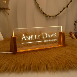 Personalized Lighted Desk Name Plate: Wooden Base, Floral Design