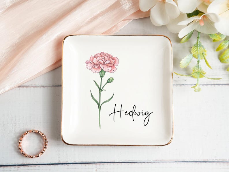 Personalized Birth Flower Trinket Dish,Custom Birthflower Ring Dish,Birthday Jewelry Dish For Friend,Wedding Bridesmaid Gift,Wedding Gift