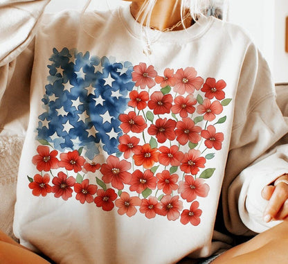Flower Brushstroke America Flag Sweatshirt, American Flag Floral Shirt, 4th July T-shirt, USA Flag, Patriotic Shirt, Girly Tee