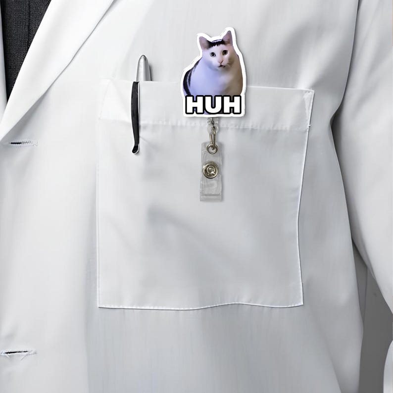 Funny Huh Cat Meme Badge Reel, Cute Chubby Kitty ID Holder for Nurses and Office, Viral Cat Clip Gift for Animal Lovers and Meme Fans