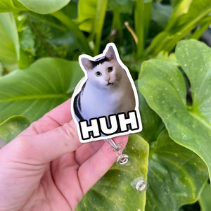 Funny Huh Cat Meme Badge Reel, Cute Chubby Kitty ID Holder for Nurses and Office, Viral Cat Clip Gift for Animal Lovers and Meme Fans
