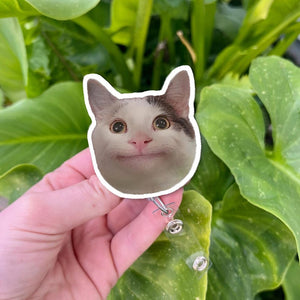 Funny Huh Cat Meme Badge Reel, Cute Chubby Kitty ID Holder for Nurses and Office, Viral Cat Clip Gift for Animal Lovers and Meme Fans