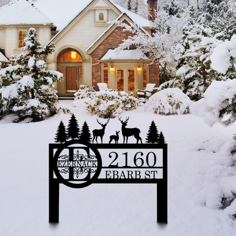 Custom Metal Address Sign, Personalized Deer and Forest Yard Sign, Deer Yard Sign Gift, Wildlife Outdoor Camping Decor, Cabin Yard Sign Gift