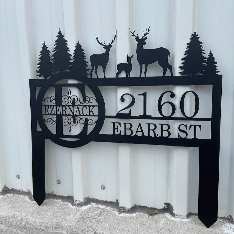 Custom Metal Address Sign, Personalized Deer and Forest Yard Sign, Deer Yard Sign Gift, Wildlife Outdoor Camping Decor, Cabin Yard Sign Gift