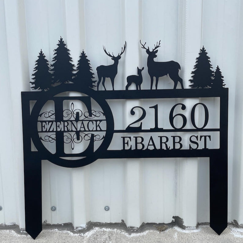 Custom Metal Address Sign, Personalized Deer and Forest Yard Sign, Deer Yard Sign Gift, Wildlife Outdoor Camping Decor, Cabin Yard Sign Gift