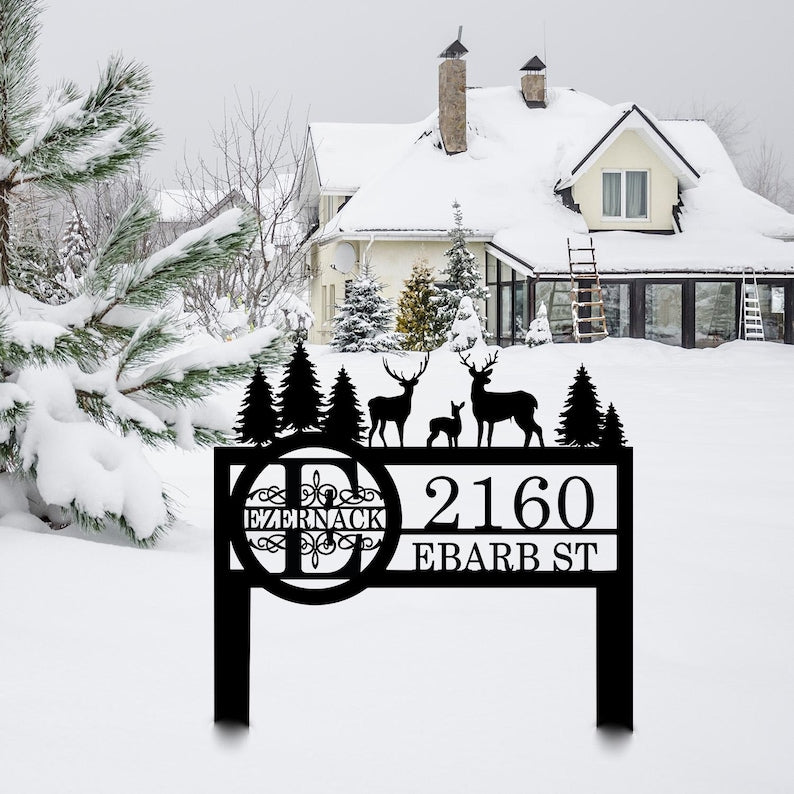 Custom Metal Address Sign, Personalized Deer and Forest Yard Sign, Deer Yard Sign Gift, Wildlife Outdoor Camping Decor, Cabin Yard Sign Gift