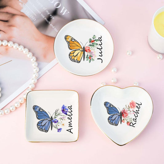 Custom Name Jewelry Dish,Personalised Butterfly Trinket Dish with Flower,Birdesmaid Gift,Birth Flower Ring Dish,Birthday Gift for Mom,Her