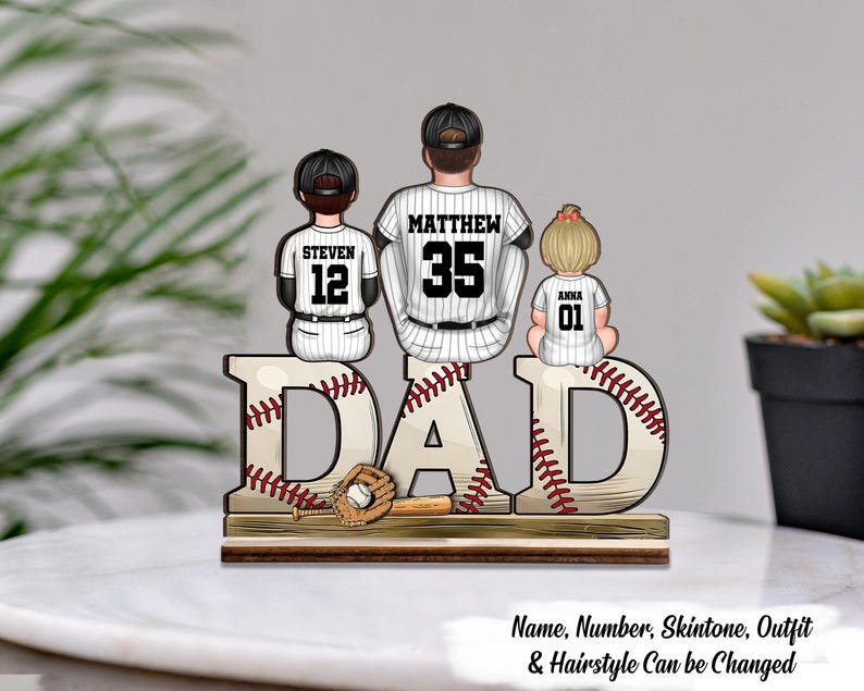 Baseball Dad Family Sitting Back View Personalized Standing Wooden Plaque, Father's Day Gift for Dad, for Grandpa,for Husband,Baseball Lover